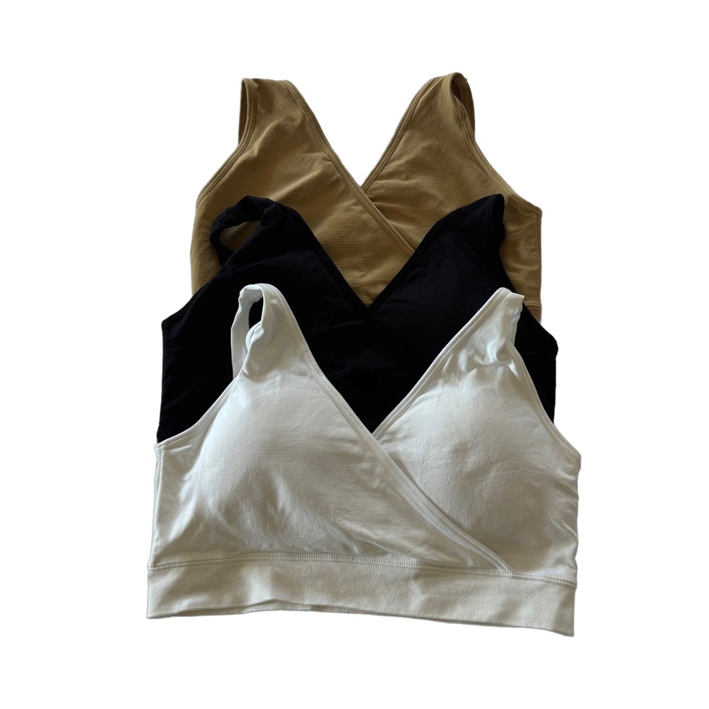 Seamless Crossover Sports Bra 3 Pack White Black Tan Surplice V-Neck Size Medium
